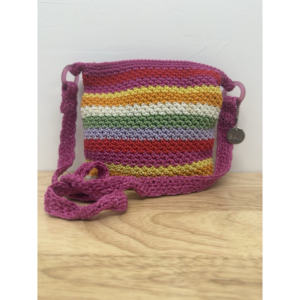 The SAK Original Pink Multicolor Striped Zippered Crochet Handbag Crossbody #50 - Picture 10 of 11